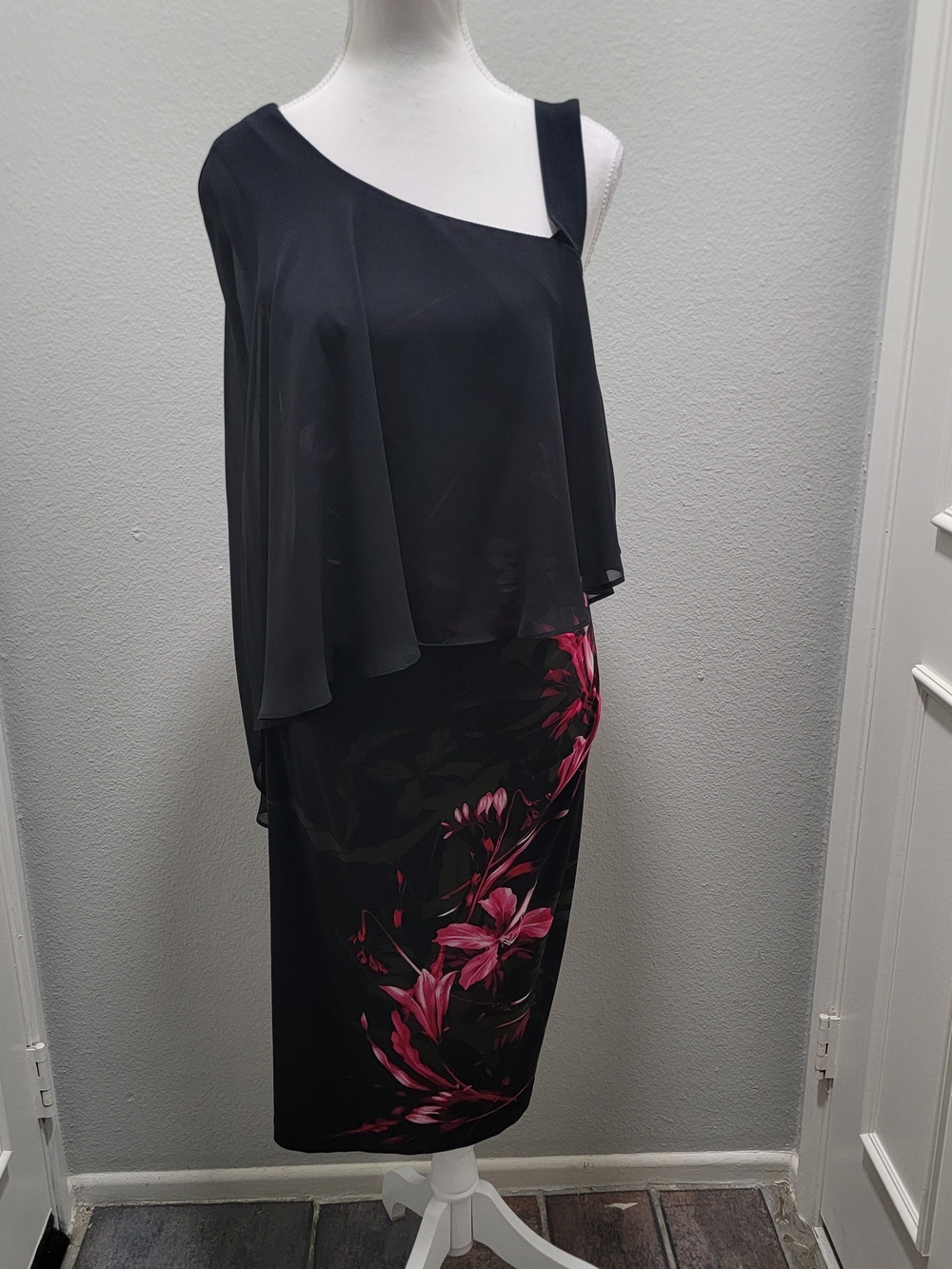 Joseph Ribkoff Black One-Shoulder Midi Dress with Pink Floral Detail